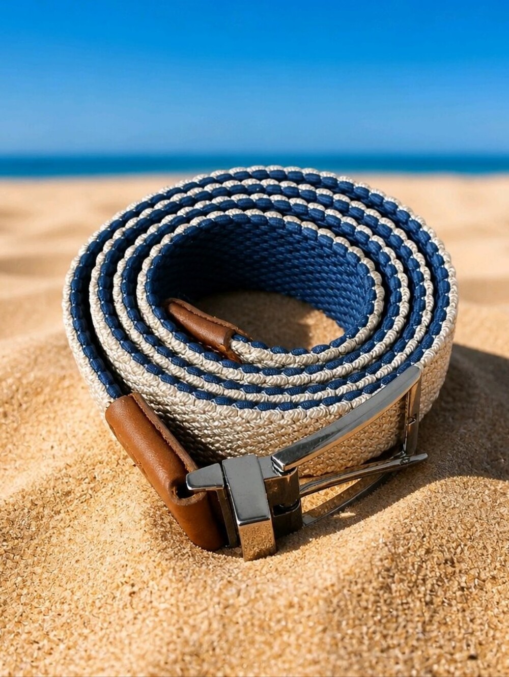 Tommy Bahama S/M Woven Blue and Cream Men's Stretch Belt with Brown Leather Trim